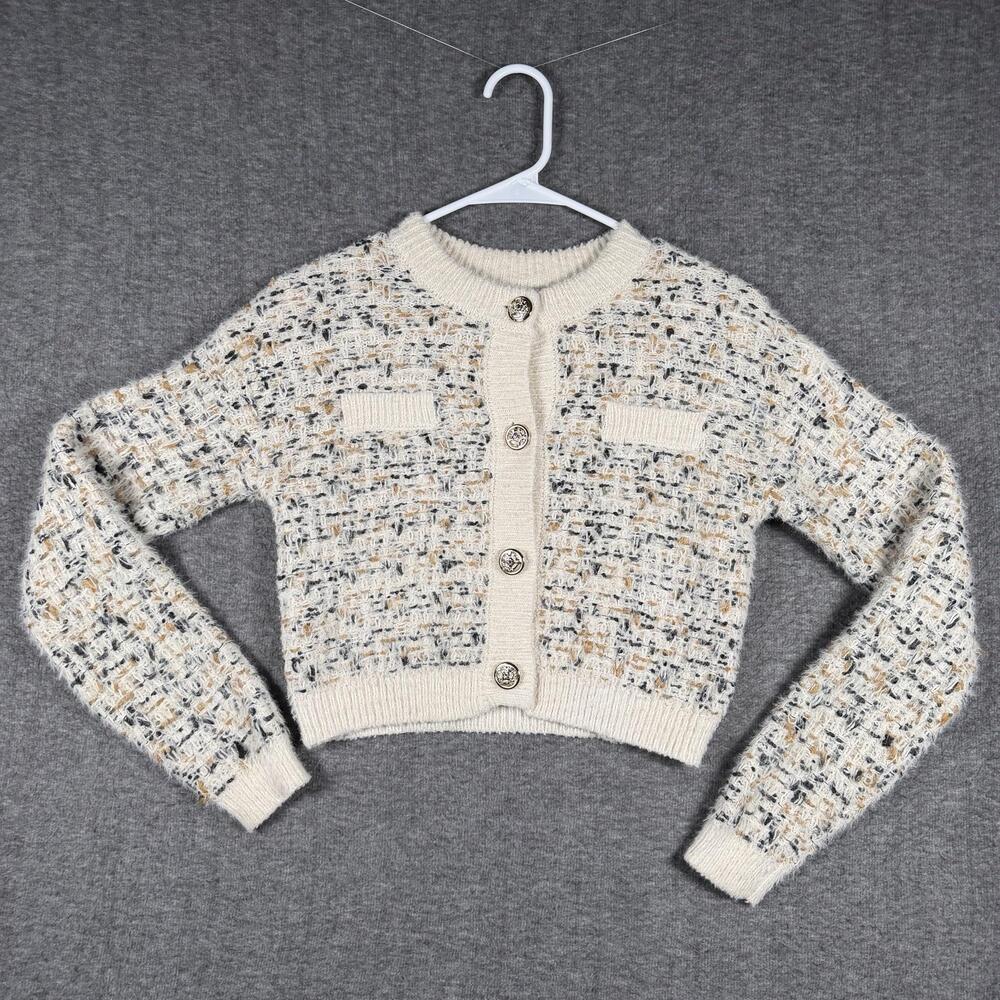 Y2K Freshman 1996 Sweater Womens Medium White Tweed Chunky Knit Cropped Cardigan